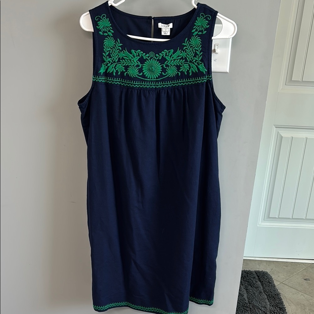 J. Crew Navy Linen Dress with Green Embroidery